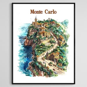 Monte Carlo Reisekarte, lebendige Küstenszene, perfekt für Wohnkultur, künstlerische Geschenkidee