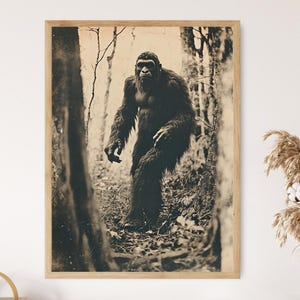 Fotografia di Bigfoot vecchio stile, arte murale rustica di Sasquatch, stampa di criptozoologia vintage, decorazione di una leggenda della foresta misteriosa