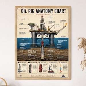 May include: A framed educational poster titled Oil Rig Anatomy Chart, featuring a detailed cross-section illustration of an offshore oil platform. The diagram labels components like the derrick, riser, and drill bit, with five system icons below.