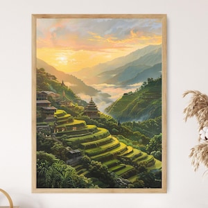 Banaue Rice Terraces Art Print - Scenic Bulul Statues Landscape - Dekoracja ścienna - Wyjątkowy prezent na parapetówkę