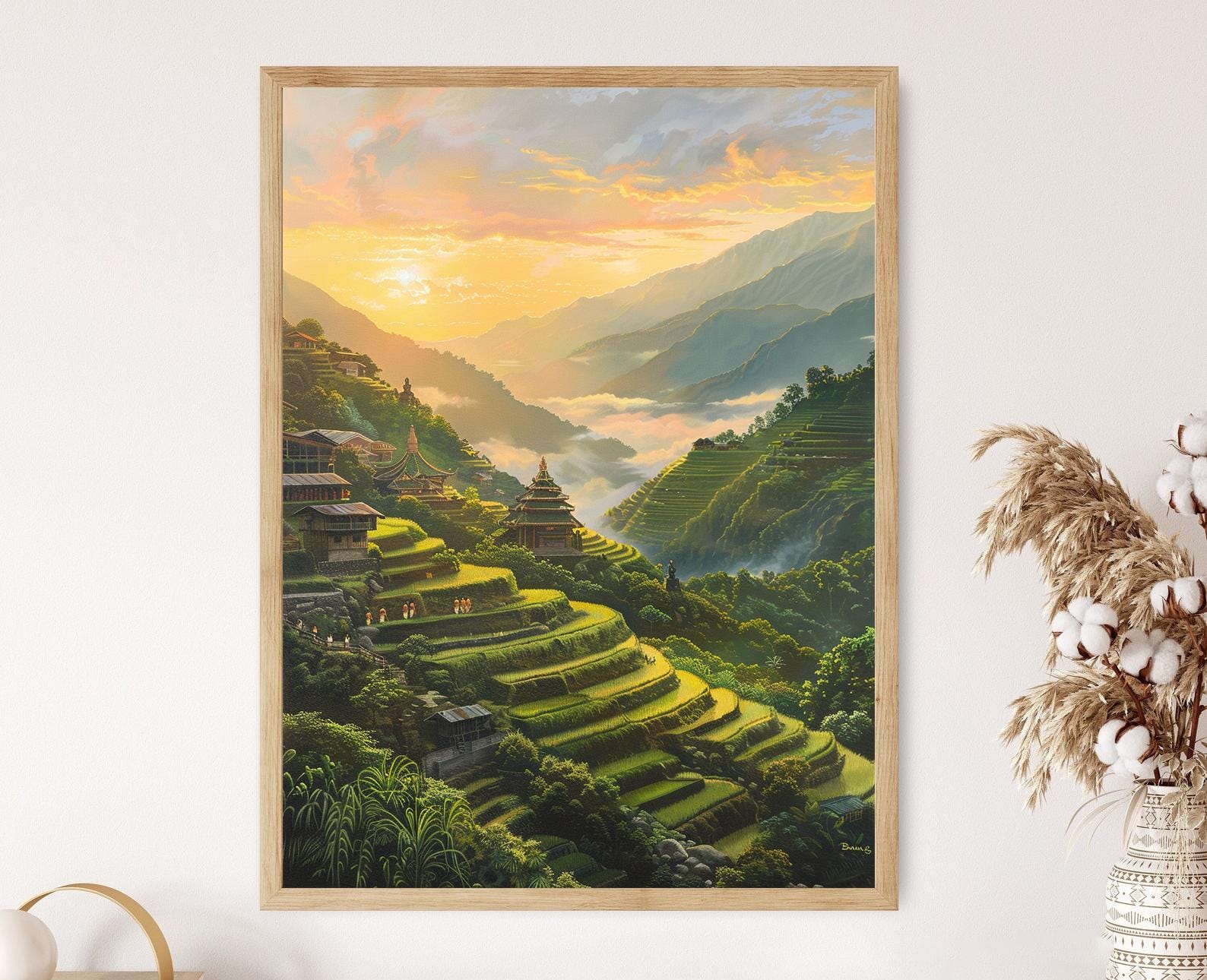 Banaue Rice Terraces Art Print: Philippine Landscape With Bulul Statues ...