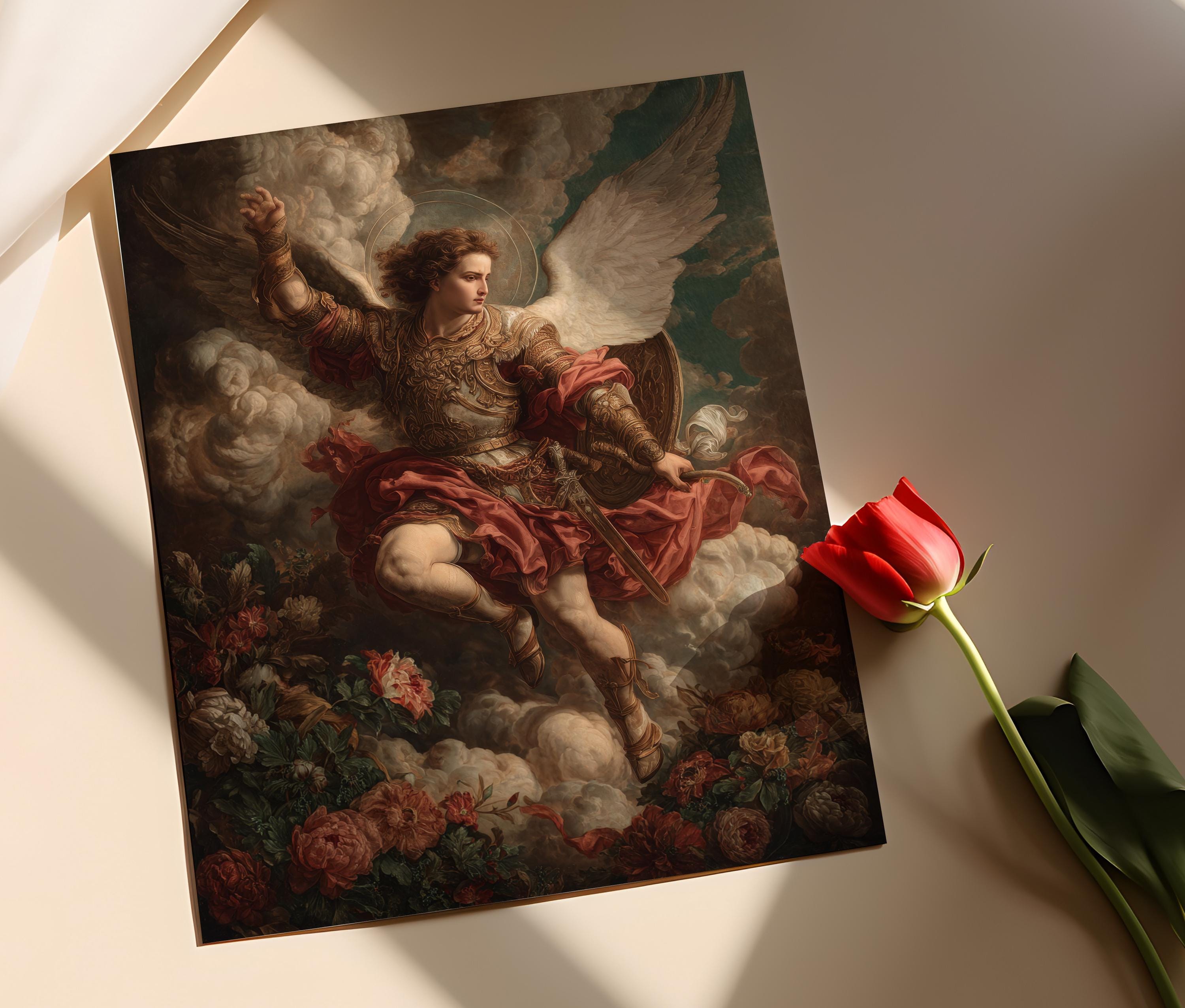 Saint Michael Art Print: Archangel in Heavenly Clouds, Golden Armor ...