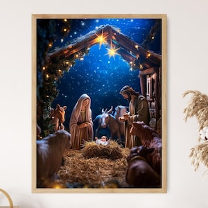 Niño Jesús en el pesebre y la estrella de Belén. Lámina artística del Nacimiento.