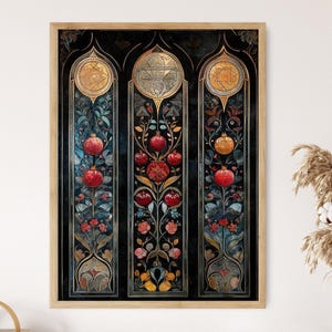 May include: A framed art print featuring three vertical panels with intricate floral and pomegranate designs. The artwork has a dark background with gold accents and a wooden frame. The pomegranates are red and orange, and the flowers are in shades of red, blue, and gold.