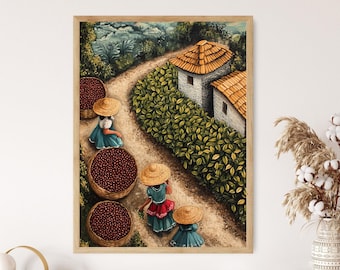 メキシコの柑橘園のアート、農民がオレンジを収穫する絵画、緑豊かな