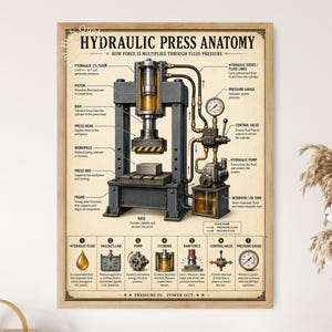 May include: A framed educational poster titled HYDRAULIC PRESS ANATOMY, featuring a detailed technical illustration of a hydraulic press with labelled components like the cylinder, piston, ram, and pump, plus seven numbered diagrams explaining fluid mechanics.