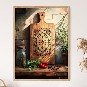 May include: A wooden chopping board with a decorative green and red tile design, a glass jar with dried herbs, red chilli peppers, and black peppercorns on a wooden table.