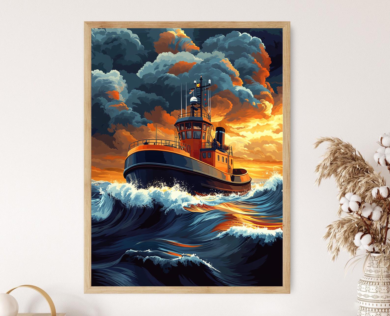 Bright Tugboat Towing Scene Poster, Bold Nautical Painting, Tug