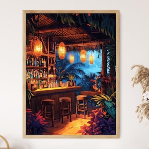 Impresión artística de interior de bar Tiki hawaiano, muebles de bambú y cócteles tropicales