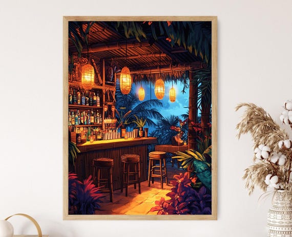 Tiki Bar 木製装飾プレートビンテージ風90.sハワイアン！ Hawaiian Tiki Bar Interior Art Print, Bamboo Furniture and