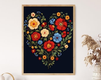 Kalocsa Heart Embroidery Art, Traditional Hungarian Folk Floral Print