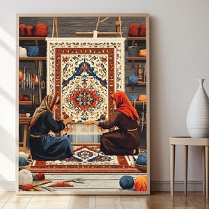 May include: Two people are weaving a colorful rug with intricate patterns. The rug is being woven on a loom and the people are using their hands to guide the yarn. The rug is a traditional design and the people are wearing traditional clothing.