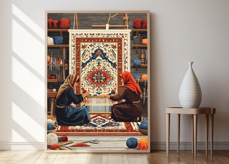 May include: Two people are weaving a colorful rug with intricate patterns. The rug is being woven on a loom and the people are using their hands to guide the yarn. The rug is a traditional design and the people are wearing traditional clothing.