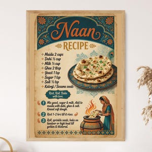 May include: A framed wall art print featuring a Naan recipe with text, a list of ingredients, and numbered instructions. The illustration shows two pieces of naan on a patterned plate and a person baking naan in a traditional clay tandoor oven.