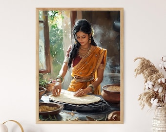 Chapati Making Art Print, Indian Restaurant Decor