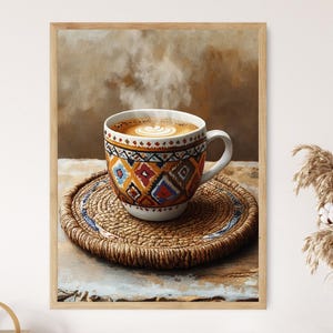 Armenian Coffee Cup Art Print | Woven Coaster Decor | Traditional Armenian Culture | Cozy Coffee Art Poster | Heritage & Cultural Symbols