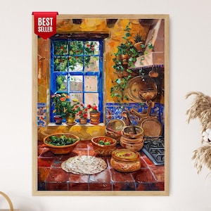 May include: A framed painting of a kitchen scene with a blue window, pots of flowers, and various cooking utensils. The kitchen features a red tile floor and a stove. The painting has a warm, inviting color palette.