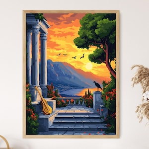 May include: A painting of a stone structure with columns, a guitar, and a bird perched on a railing. The scene is set against a sunset backdrop with mountains and a lake in the distance.