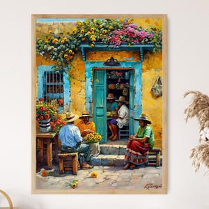 Mexican Villagers Art Print, Colorful Traditional Print for Living Room, Unique Mexican Gift Idea