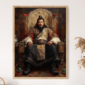 Genghis Khan Portrait Art Print, Mongol Empire Unifier, Throne and Banners