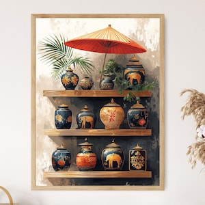 May include: A framed print featuring a collection of decorative jars on wooden shelves. The jars are in various sizes and designs, with blue, gold, and orange accents. An orange parasol and greenery are placed above the jars. The artwork has a vintage, Asian-inspired aesthetic.