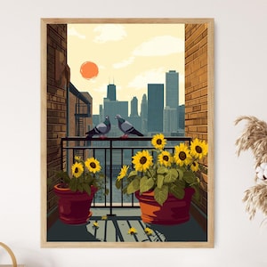 May include: A framed art print depicting a city skyline view from a brick balcony. Two pigeons sit on a black metal railing between two terracotta pots filled with yellow sunflowers. The scene features a pale yellow sky with a round orange sun.