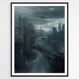 Futuristische dystopische kunstprint, gedurfde en visionaire illustratie, ideaal voor moderne huisstyling, uniek housewarming cadeau