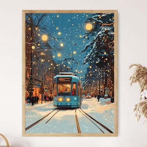 Scena invernale del tram di Göteborg, poster della città svedese, stampa artistica stagionale con vettore piatto
