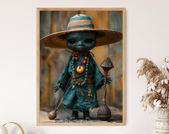 Stampa artistica della bambola Santeria Elegua: illustrazione religiosa afro-cubana