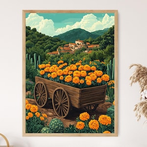 Oaxaca Drewniany Wóz z Nagietkami Wydruk Artystyczny, Meksykańska Dekoracja Farmy