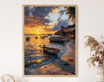 La Libertad Fishermen Painting, El Salvadorian Coastal Art Print, Serene Sunset Scene