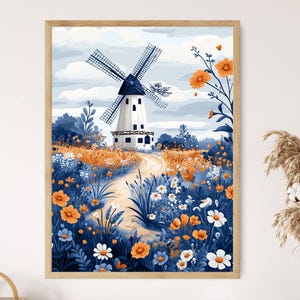 May include: A watercolour painting of a white windmill with blue blades in a field of blue and orange flowers. A dirt path leads to the windmill.