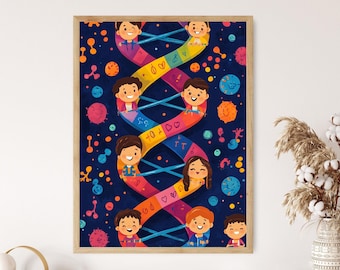 May include: A framed vertical wall art print featuring a colorful DNA double helix structure against a dark blue background. The helix is decorated with cartoon children and various small, vibrant shapes like hearts and abstract biological icons.