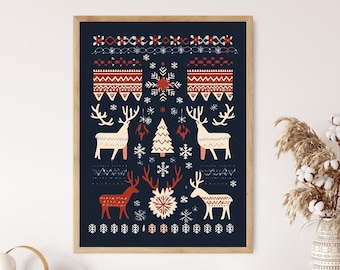 Scandinavian Christmas Reindeer Art Print, Nordic Folk Holiday Decor
