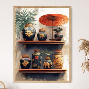 May include: A framed print featuring a collection of decorative vases and an orange parasol on wooden shelves. The vases are black with gold floral designs and an elephant motif. The artwork has a warm, inviting aesthetic.
