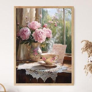 Lienzo vintage de bodegón con taza de té, pintura floral estilo cottagecore, arte para el hogar en tonos pastel suaves