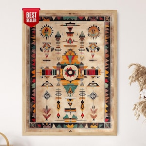 May include: A framed print with a Native American-inspired design. The artwork features geometric shapes, sun-like figures, and a central circular motif in shades of red, yellow, teal, and black. The frame is made of light-coloured wood, and a "BEST SELLER" tag is visible.