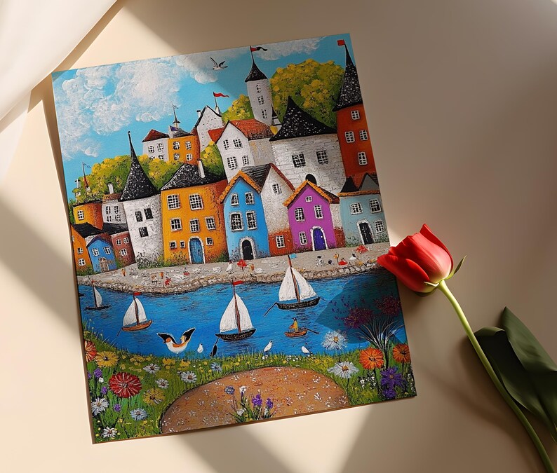 Puede incluir: Una pintura colorida de un pueblo peque&ntilde;o con casas en varios tonos de azul, verde, amarillo, rosa y rojo. Las casas est&aacute;n agrupadas a lo largo de una costa con veleros en el agua. La pintura tiene un estilo caprichoso y encantador.