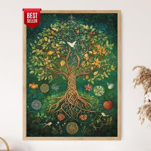 May include: A framed print of a vibrant tree with intricate Celtic knotwork in the trunk and roots. The artwork features green, yellow, and orange leaves, with a white bird and various symbols. The words "BEST SELLER" are on a red tag.