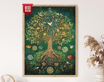 Può includere: Una stampa incorniciata di un albero vibrante con intricati nodi celtici nel tronco e nelle radici. L'opera presenta foglie verdi, gialle e arancioni, con un uccello bianco e vari simboli. L'etichetta rossa dice "BEST SELLER".