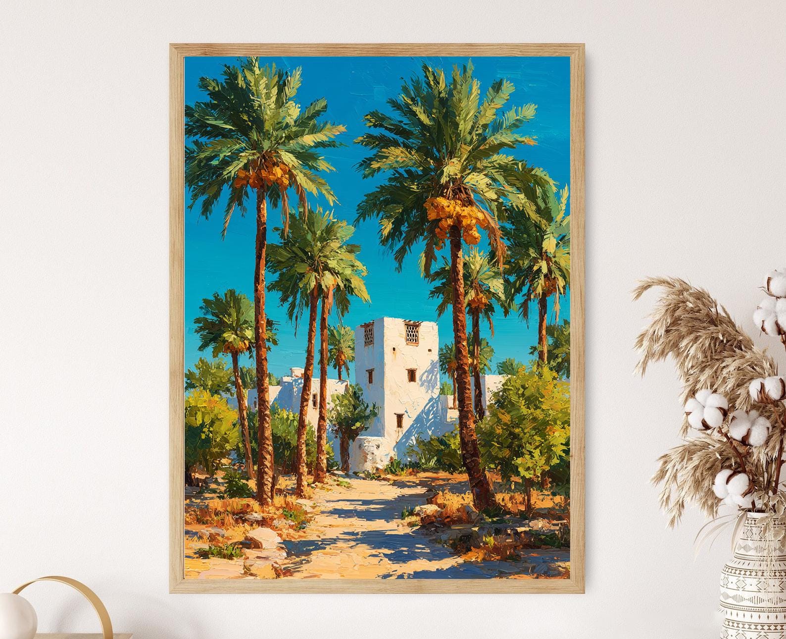 Muscat Date Palm Orchard Poster, Omani Villa Farm Art Print, Flat