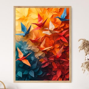 Stampa artistica di origami di gru, simbolismo giapponese della pace
