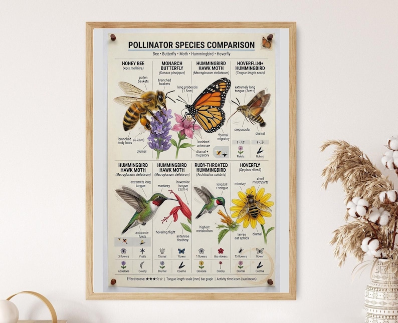 Pollinator Species Comparison Print: Bee, Butterfly, Moth, Hummingbird ...