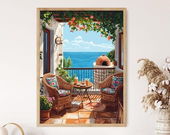 May include: A framed art print depicts a sunny balcony overlooking the ocean. Two wicker chairs with floral cushions face a small table with drinks. A pizza oven sits on the balcony, and flowers and greenery frame the view.