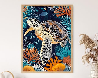 アボリジニのウミガメのアートプリント、オーストラリアのサンゴ礁の