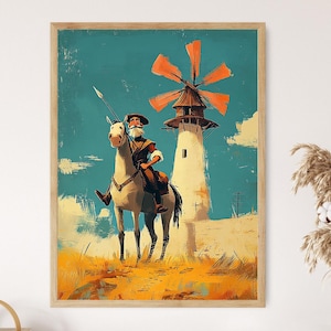 Lámina artística de Don Quijote, ilustración de un personaje literario clásico, arte mural de aventuras españolas