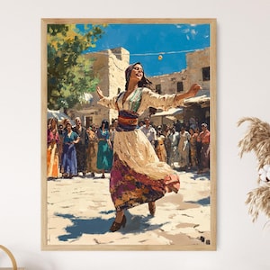 May include: A woman in a colourful dress dances in a street scene. She is wearing a white dress with a colourful sash and a headscarf. The scene is set in a Middle Eastern city with buildings and people in the background.