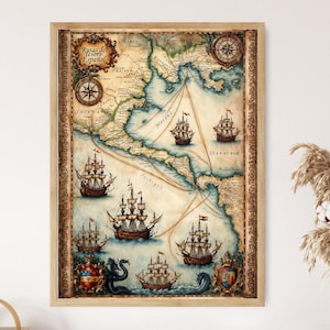 May include: A framed vintage map print showing sailing routes and ships. The map features detailed illustrations of coastlines, compass roses, and the text "Rutas del Tesoro Español". The colour palette includes shades of blue, beige, and brown.