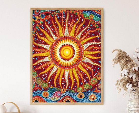 オーストラリア先住民の太陽と大地のアートプリント、先住民のドット絵