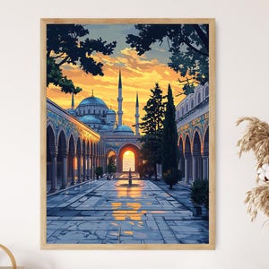 May include: A painting depicting a mosque with a courtyard in front. The mosque is white with blue details and features a tall minaret. The courtyard is paved with stone and has a fountain in the centre. The sun is setting in the background, casting a warm glow over the scene.